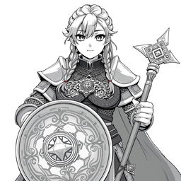 Anime style greyscale illustration focusing on a stocky female priest with braided hair and an intricate amulet resting around her neck