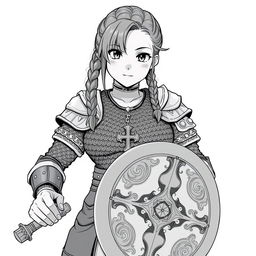 Anime style greyscale illustration focusing on a stocky female priest with braided hair and an intricate amulet resting around her neck