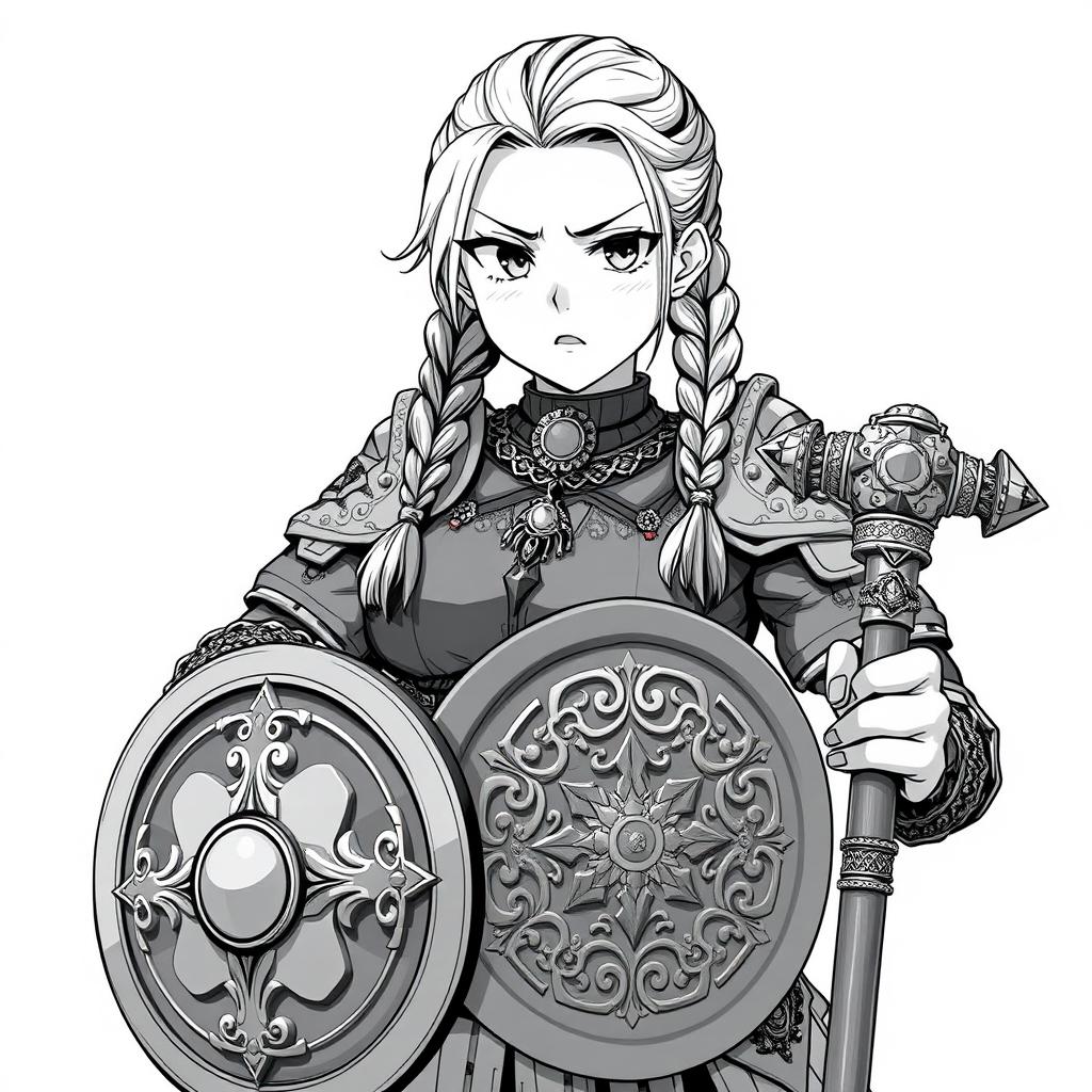 Anime style greyscale illustration focusing on a stocky female priest with braided hair and an intricate amulet resting around her neck