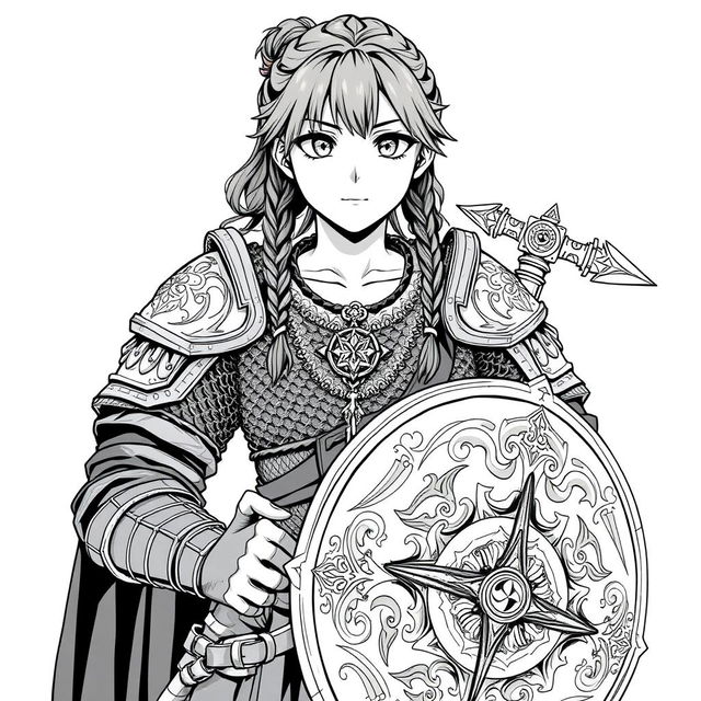 Anime style greyscale illustration focusing on a stocky female priest with braided hair and an intricate amulet resting around her neck