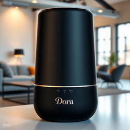 A sleek and modern portable speaker named 'Dora', featuring a unique cylindrical shape with a matte black finish and stunning gradient details that transition smoothly from deep black at the bottom to shimmering silver at the top