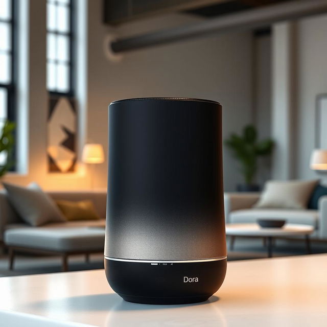 A sleek and modern portable speaker named 'Dora', featuring a unique cylindrical shape with a matte black finish and stunning gradient details that transition smoothly from deep black at the bottom to shimmering silver at the top