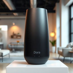 A sleek and modern portable speaker named 'Dora', featuring a unique cylindrical shape with a matte black finish and stunning gradient details that transition smoothly from deep black at the bottom to shimmering silver at the top