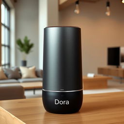 A sleek and modern portable speaker named 'Dora', featuring a unique cylindrical shape with a matte black finish and stunning gradient details that transition smoothly from deep black at the bottom to shimmering silver at the top