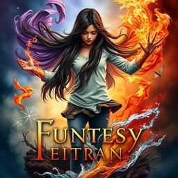 A captivating book cover featuring an 18-year-old girl with long, dark brown hair, depicted in a powerful pose as she is embraced by the elements: swirling air surrounding her in graceful currents, vibrant flames of fire wrapping around her arms, earthy textures of soil and plants at her feet, and water flowing around her legs