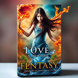 A captivating book cover featuring an 18-year-old girl with long, dark brown hair, depicted in a powerful pose as she is embraced by the elements: swirling air surrounding her in graceful currents, vibrant flames of fire wrapping around her arms, earthy textures of soil and plants at her feet, and water flowing around her legs