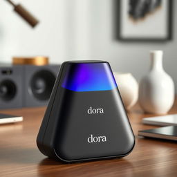 A sleek and modern portable speaker named 'Dora', featuring a unique triangular shape with rounded edges and a matte black finish