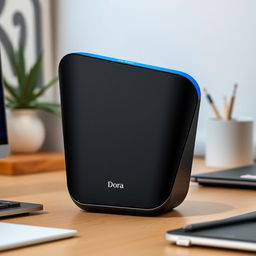A sleek and modern portable speaker named 'Dora', featuring a unique triangular shape with rounded edges and a matte black finish