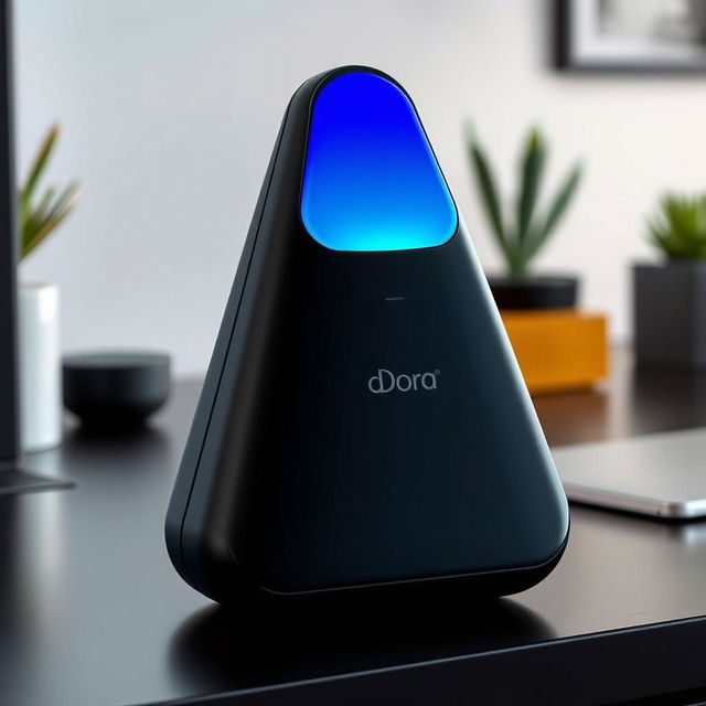 A sleek and modern portable speaker named 'Dora', featuring a unique triangular shape with rounded edges and a matte black finish