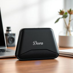 A sleek and modern portable speaker named 'Dora', featuring a unique triangular shape with rounded edges and a matte black finish