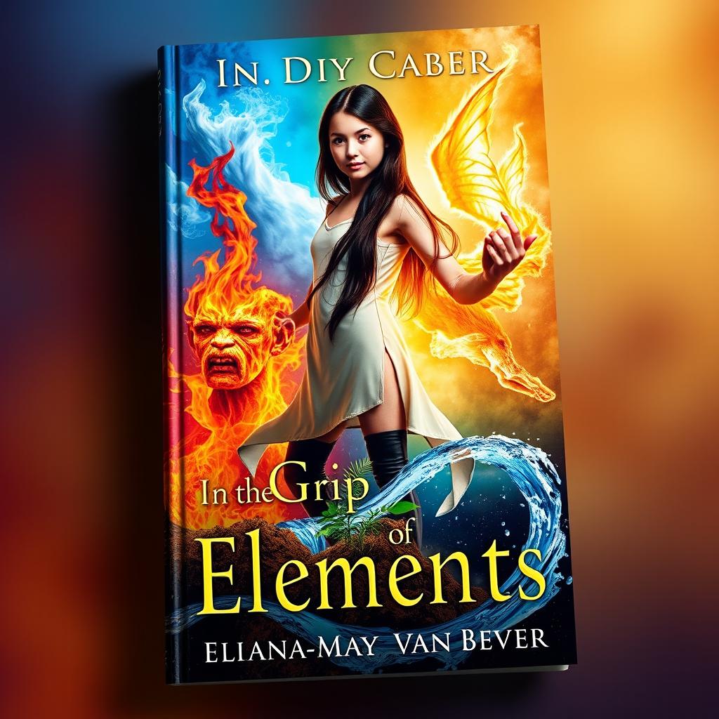 A striking book cover featuring an 18-year-old girl with long, dark brown hair, captured in a powerful stance while being embraced by the four elements: dynamic air currents swirling around her body, vibrant flames of fire illuminating her figure, earthy textures with plants and soil at her feet, and flowing water winding around her legs