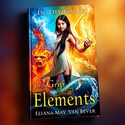 A striking book cover featuring an 18-year-old girl with long, dark brown hair, captured in a powerful stance while being embraced by the four elements: dynamic air currents swirling around her body, vibrant flames of fire illuminating her figure, earthy textures with plants and soil at her feet, and flowing water winding around her legs