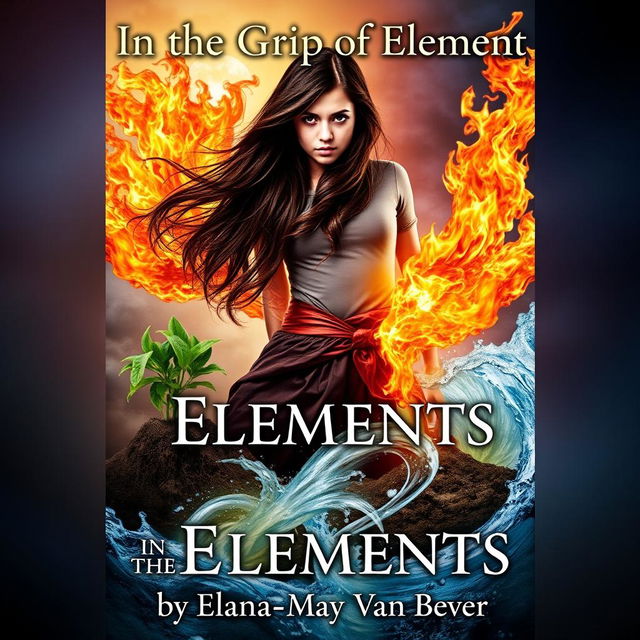 A striking book cover featuring an 18-year-old girl with long, dark brown hair, captured in a powerful stance while being embraced by the four elements: dynamic air currents swirling around her body, vibrant flames of fire illuminating her figure, earthy textures with plants and soil at her feet, and flowing water winding around her legs