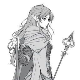 A greyscale illustration in anime style featuring a female elf Druid