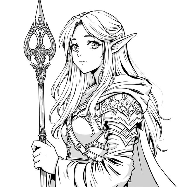 A greyscale illustration in anime style featuring a female elf Druid