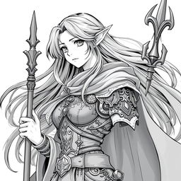 A greyscale illustration in anime style featuring a female elf Druid