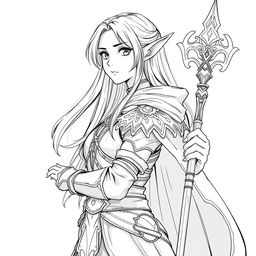 A greyscale illustration in anime style featuring a female elf Druid