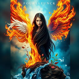 An enchanting book cover featuring an 18-year-old girl with long, dark brown hair, dramatically positioned in the center, as she is being embraced by the four elements: swirling gusts of air wrapping around her body, blazing flames of fire illuminating her silhouette, earthy textures with vibrant plants and soil at her feet, and flowing water cascading around her legs