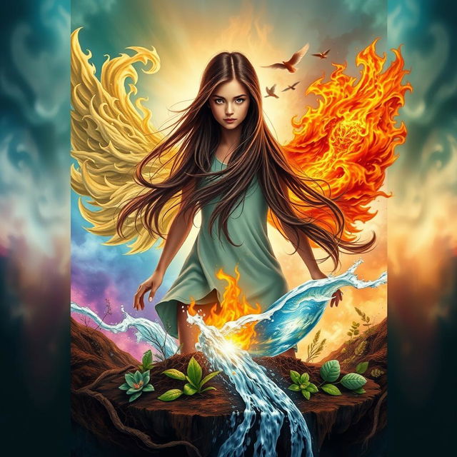 An enchanting book cover featuring an 18-year-old girl with long, dark brown hair, dramatically positioned in the center, as she is being embraced by the four elements: swirling gusts of air wrapping around her body, blazing flames of fire illuminating her silhouette, earthy textures with vibrant plants and soil at her feet, and flowing water cascading around her legs