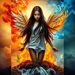An enchanting book cover featuring an 18-year-old girl with long, dark brown hair, dramatically positioned in the center, as she is being embraced by the four elements: swirling gusts of air wrapping around her body, blazing flames of fire illuminating her silhouette, earthy textures with vibrant plants and soil at her feet, and flowing water cascading around her legs