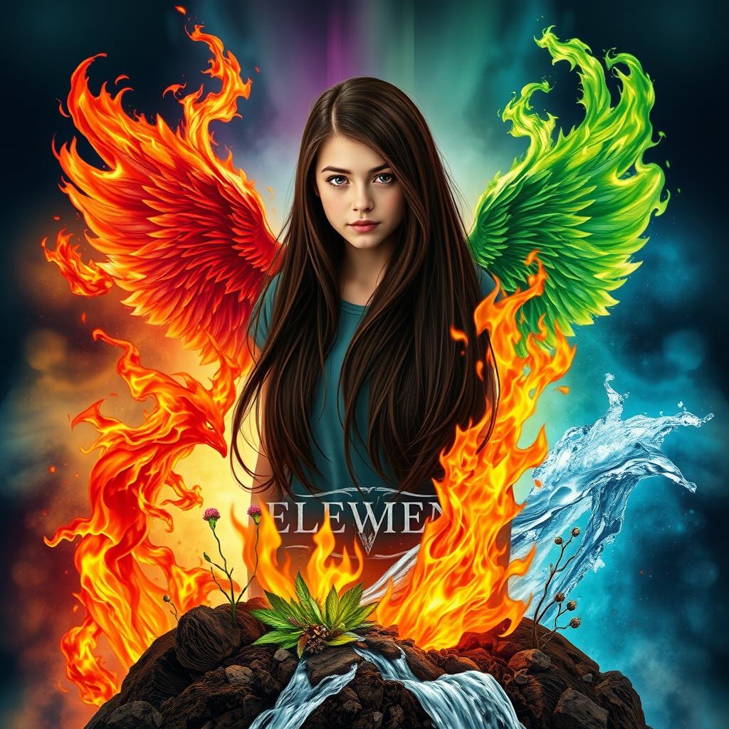 An enchanting book cover featuring an 18-year-old girl with long, dark brown hair, dramatically positioned in the center, as she is being embraced by the four elements: swirling gusts of air wrapping around her body, blazing flames of fire illuminating her silhouette, earthy textures with vibrant plants and soil at her feet, and flowing water cascading around her legs