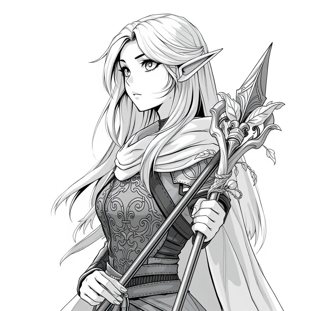 A stunning greyscale anime-style illustration of a female elf Druid, showcasing her from the shoulders up