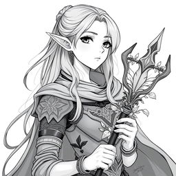 A stunning greyscale anime-style illustration of a female elf Druid, showcasing her from the shoulders up