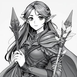A stunning greyscale anime-style illustration of a female elf Druid, showcasing her from the shoulders up