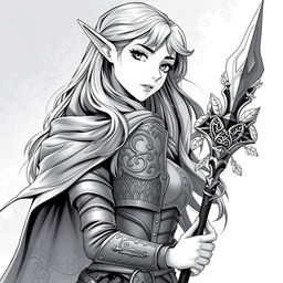 A stunning greyscale anime-style illustration of a female elf Druid, showcasing her from the shoulders up