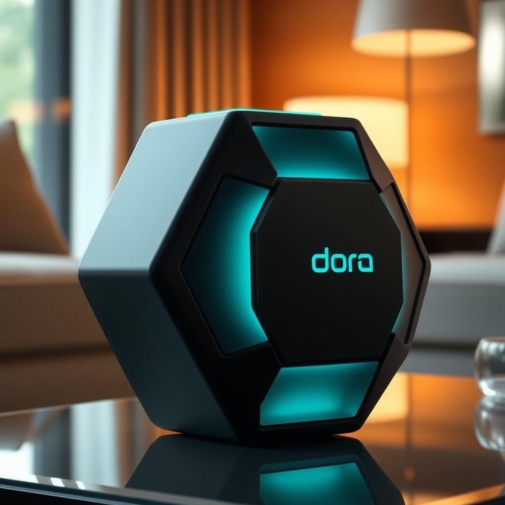 A technologically advanced and modern portable speaker shaped like a hexagon, branded as 'Dora'