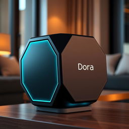 A technologically advanced and modern portable speaker shaped like a hexagon, branded as 'Dora'
