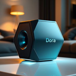 A technologically advanced and modern portable speaker shaped like a hexagon, branded as 'Dora'