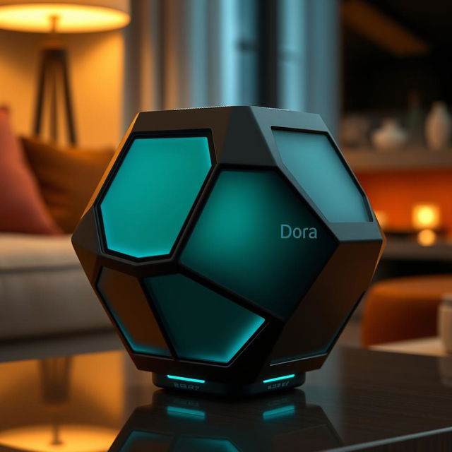 A technologically advanced and modern portable speaker shaped like a hexagon, branded as 'Dora'