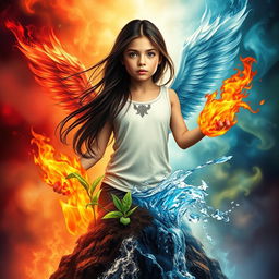 An enchanting book cover showcasing an 18-year-old girl with long, dark brown hair, dramatically caught in the grip of the four elements