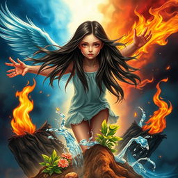 An enchanting book cover showcasing an 18-year-old girl with long, dark brown hair, dramatically caught in the grip of the four elements