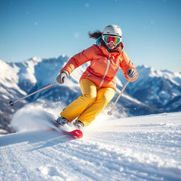 A dynamic woman skiing gracefully down a snowy slope, showcasing her skills and determination