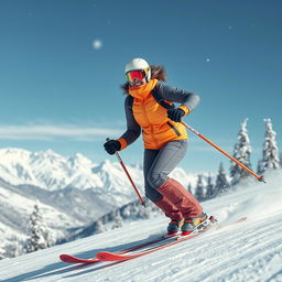 A dynamic woman skiing gracefully down a snowy slope, showcasing her skills and determination