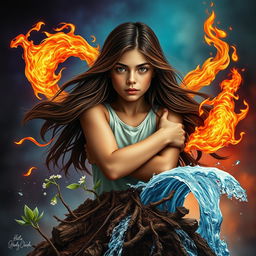 An alluring book cover depicting an 18-year-old adult girl with long, dark brown hair, struggling to break free from the grip of the four elements