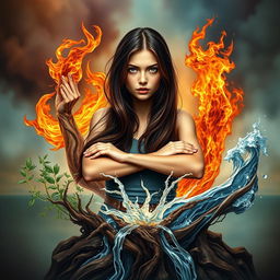 An alluring book cover depicting an 18-year-old adult girl with long, dark brown hair, struggling to break free from the grip of the four elements
