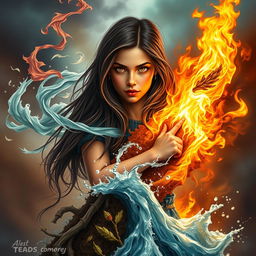 An alluring book cover depicting an 18-year-old adult girl with long, dark brown hair, struggling to break free from the grip of the four elements