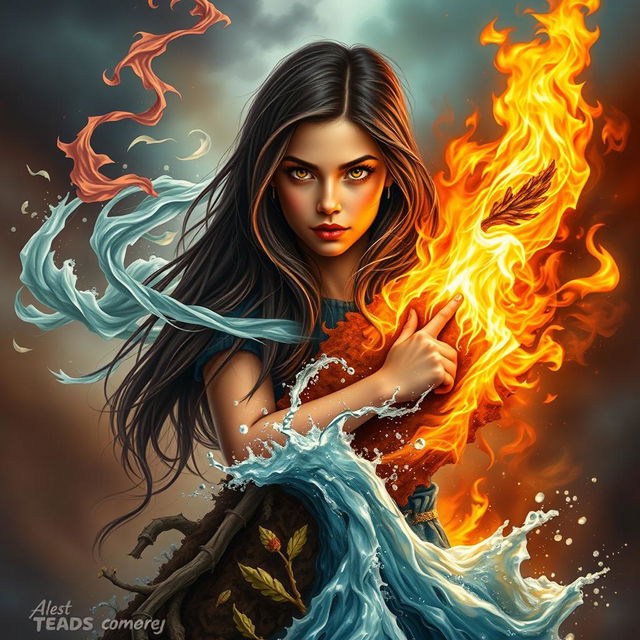 An alluring book cover depicting an 18-year-old adult girl with long, dark brown hair, struggling to break free from the grip of the four elements