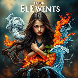 An alluring book cover depicting an 18-year-old adult girl with long, dark brown hair, struggling to break free from the grip of the four elements