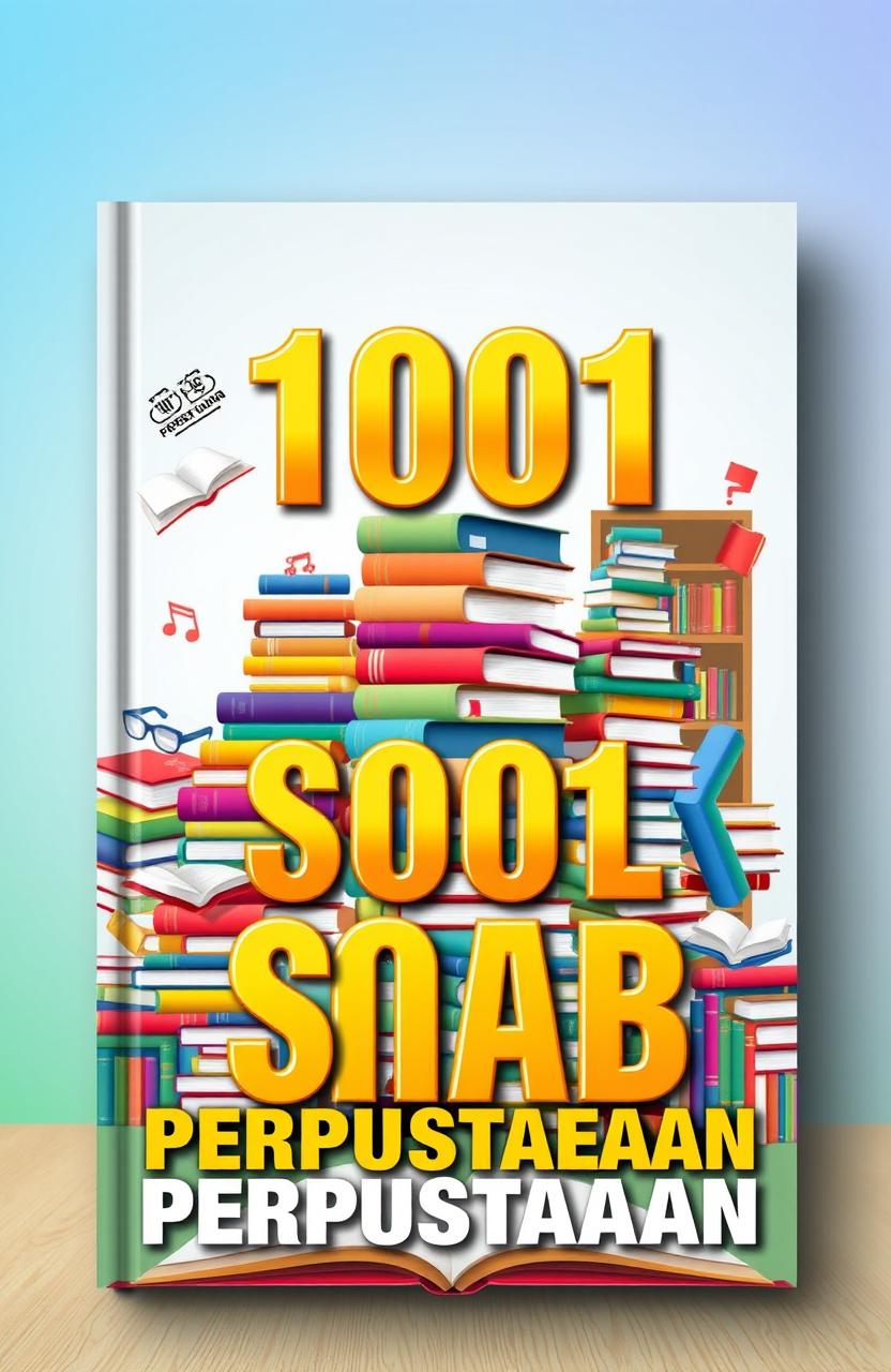 A vibrant and engaging book cover design for a title '1001 SOAL SKB PERPUSTAKAAN'