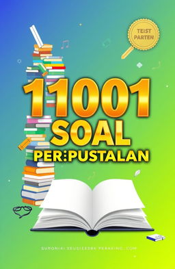 A vibrant and engaging book cover design for a title '1001 SOAL SKB PERPUSTAKAAN'