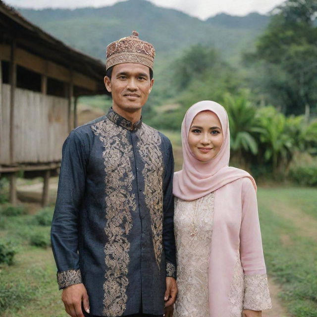 An Indonesian man of 40 years old standing side by side with a beautiful woman in a hijab, dressed in traditional Javanese-Sundanese wedding attire, in a rural village setting.