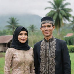 An Indonesian man of 40 years old standing side by side with a beautiful woman in a hijab, dressed in traditional Javanese-Sundanese wedding attire, in a rural village setting.