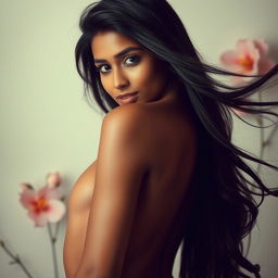 A beautiful young Indian woman standing gracefully, showcasing her natural beauty in an artistic way, surrounded by soft lighting that emphasizes her elegance and confidence