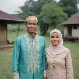 An Indonesian man of 40 years old standing side by side with a beautiful woman in a hijab, dressed in traditional Javanese-Sundanese wedding attire, in a rural village setting.