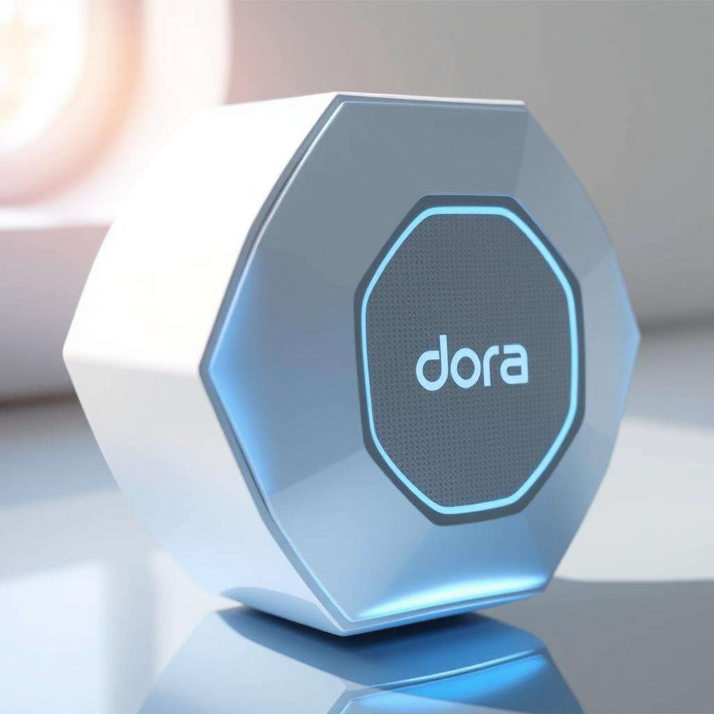 A modern and technologically advanced portable speaker shaped like a hexagon, branded as 'Dora'