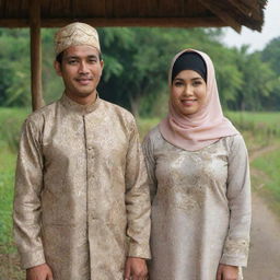 An Indonesian man of 40 years old standing side by side with a beautiful woman in a hijab, dressed in traditional Javanese-Sundanese wedding attire, in a rural village setting.